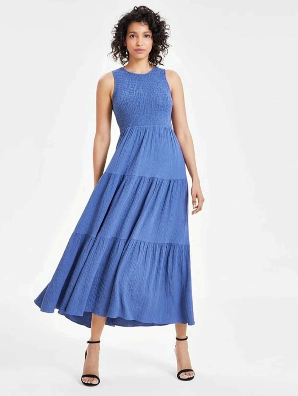Anne Klein Blue Jay Smocked Sleeveless Tiered Maxi Dress Size L